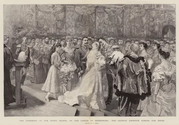 De ceremonie in de hofkapel van het kasteel van Ehrenburg, de Duitse keizer kust de bruid